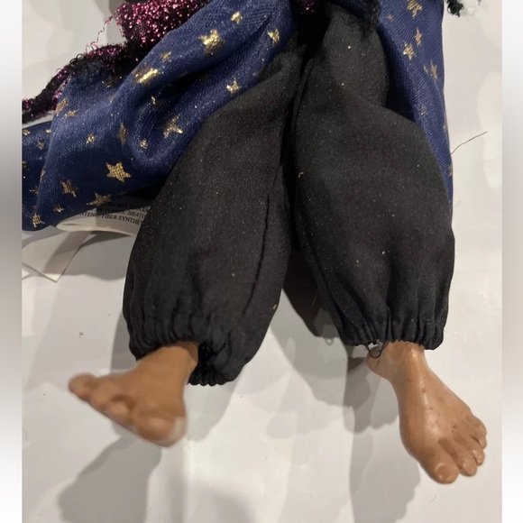 GANZ WITCH scary DOLL 15” Purple Cape Black Hat Gold Star Dress ON BROOM creepy - Picture 5 of 11